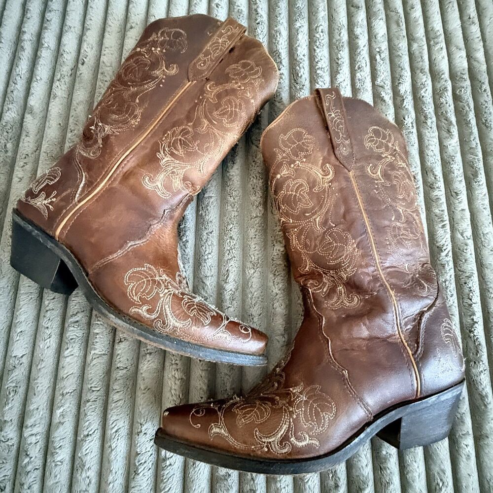 Ariat Floral Embroidered Leather Western Cowboy Boots Brown Women’s 8.5 M